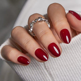 CurvLife Extra Short Almond Press On Nails Nude Harmony Red packaging