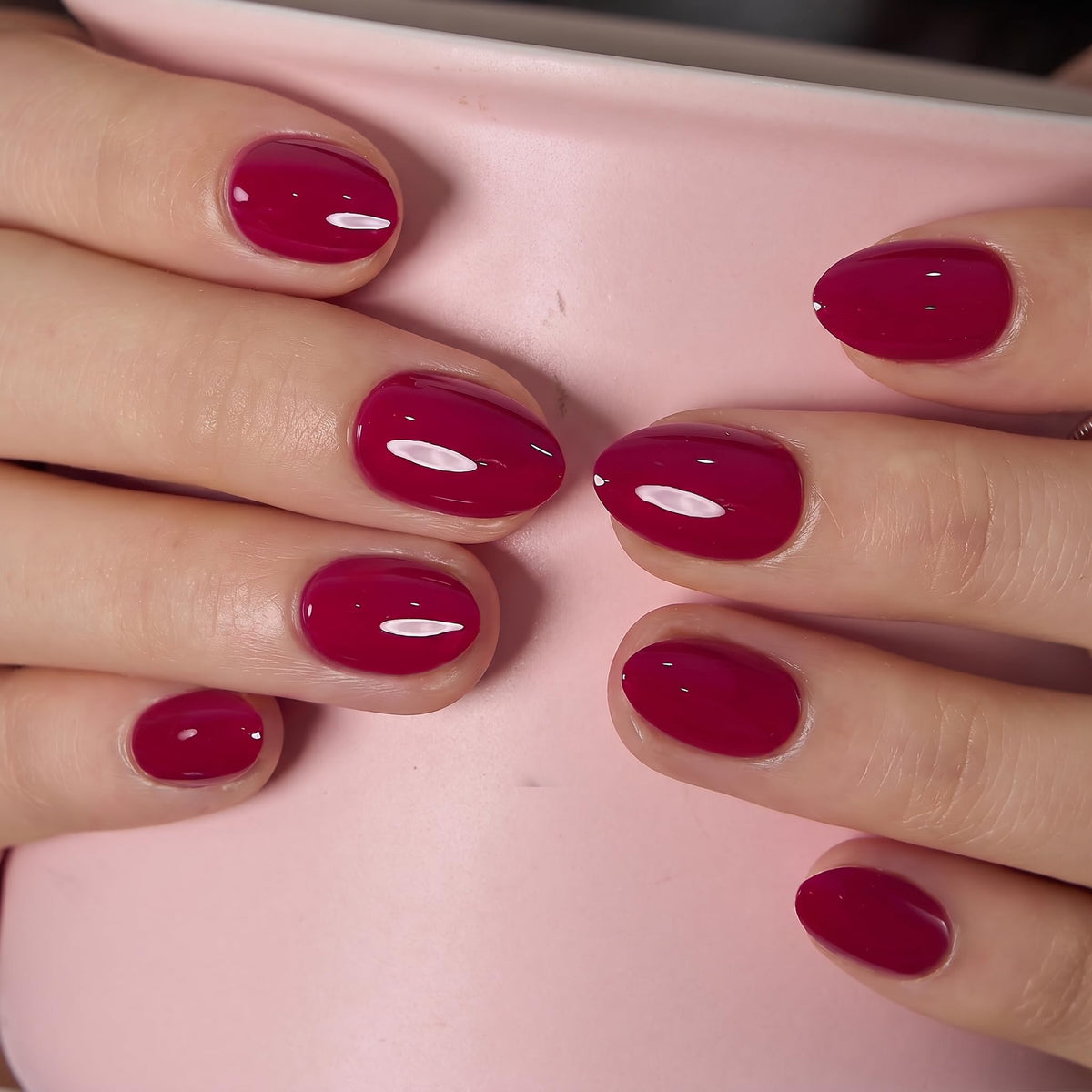 CurvLife Extra Short Almond Press On Nails Ruby Poise Ruby Red front view