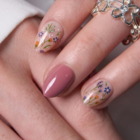 CurvLife Extra Short Almond Press On Nails Rustic Bloom Rust Red on a hand
