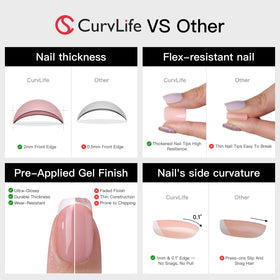 CurvLife Extra Short Almond Press On Nails showing multiple sizes