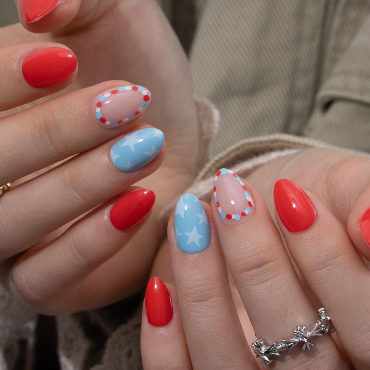 CurvLife Extra Short Almond Star Design Press On Nails in packaging