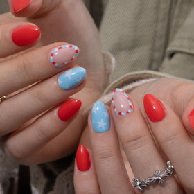 CurvLife Extra Short Almond Star Design Press On Nails in packaging