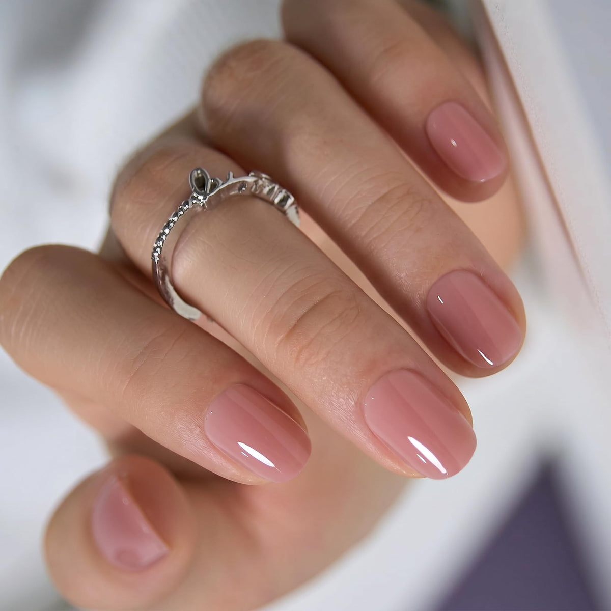 CurvLife Extra Short Oval Press On Nails in Nude Peach Pink front view