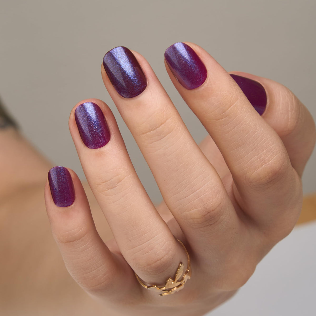CurvLife Extra Short Press On Nails Pearlescent Nude Purple close-up of nail design