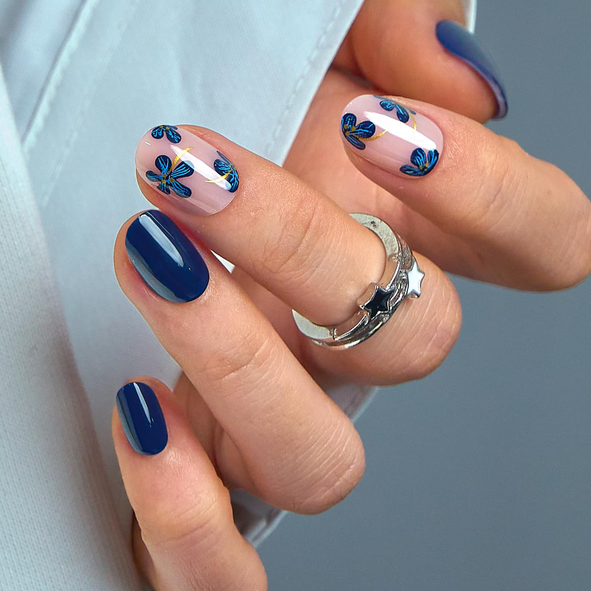 CurvLife Extra Short Square Floral Press On Nails in Navy Petal front view
