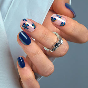 CurvLife Extra Short Square Floral Press On Nails in Navy Petal front view