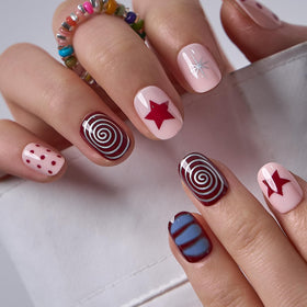 CurvLife Extra Short Square Press On Nails in Red Crimson Swirl front view