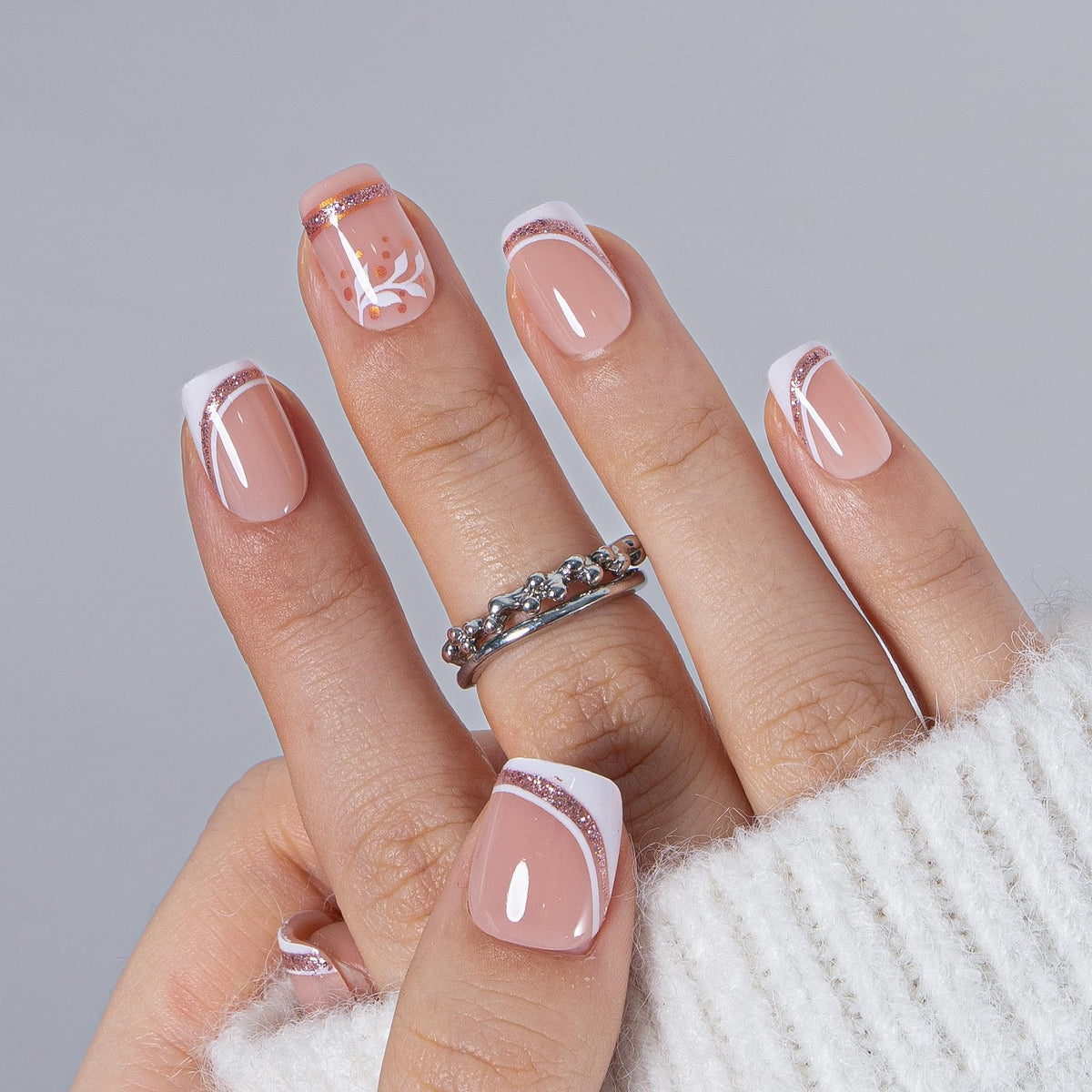 CurvLife French Tip Press On Nails Golden Bloom White front view