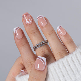 CurvLife French Tip Press On Nails Golden Bloom White front view