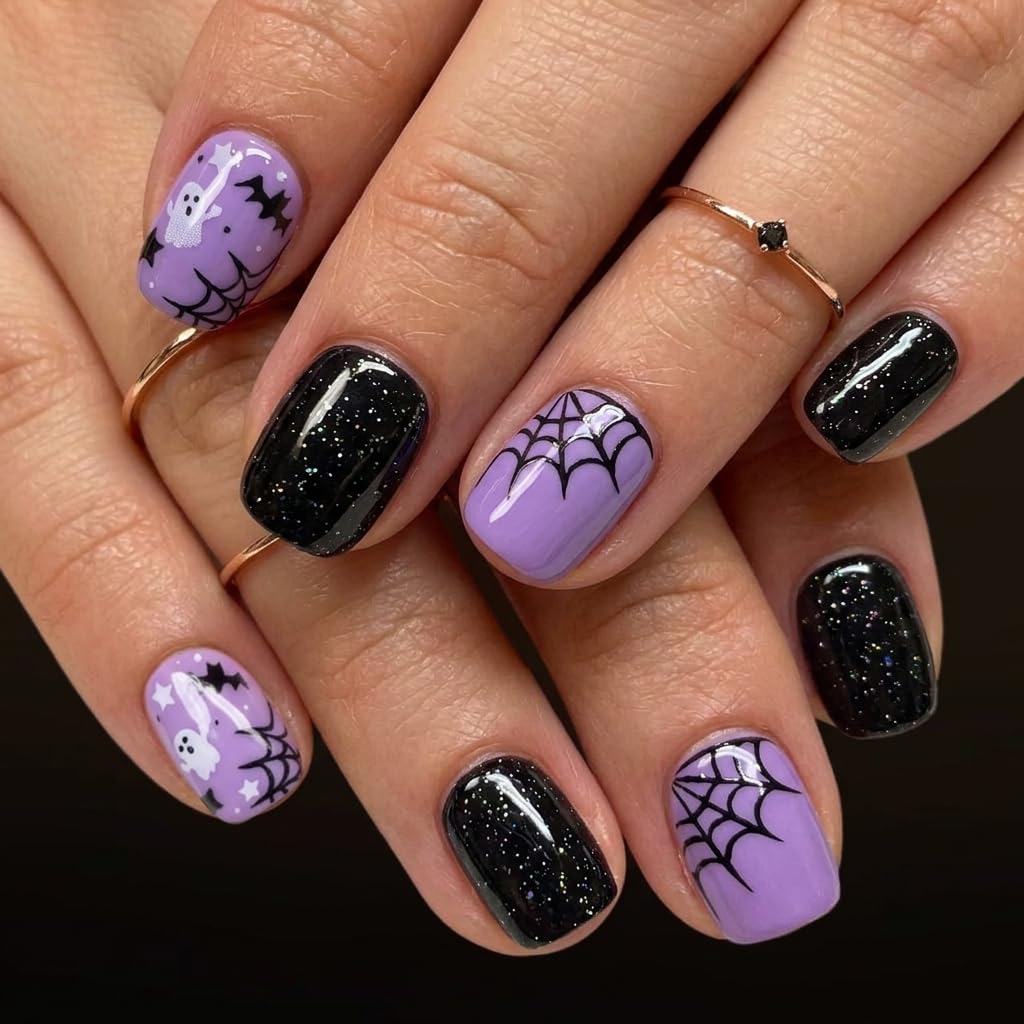 CurvLife Halloween Short Square Press On Nails in Spooky Night Black front view
