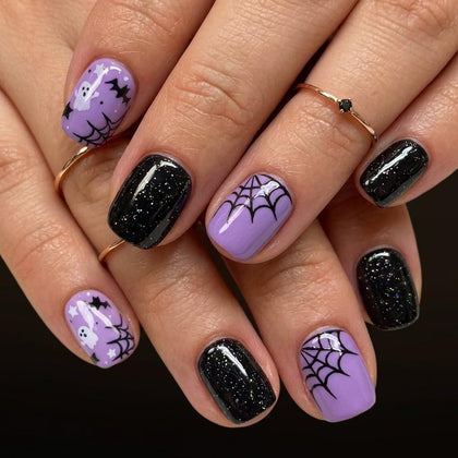 CurvLife Halloween Short Square Press On Nails in Spooky Night Black front view