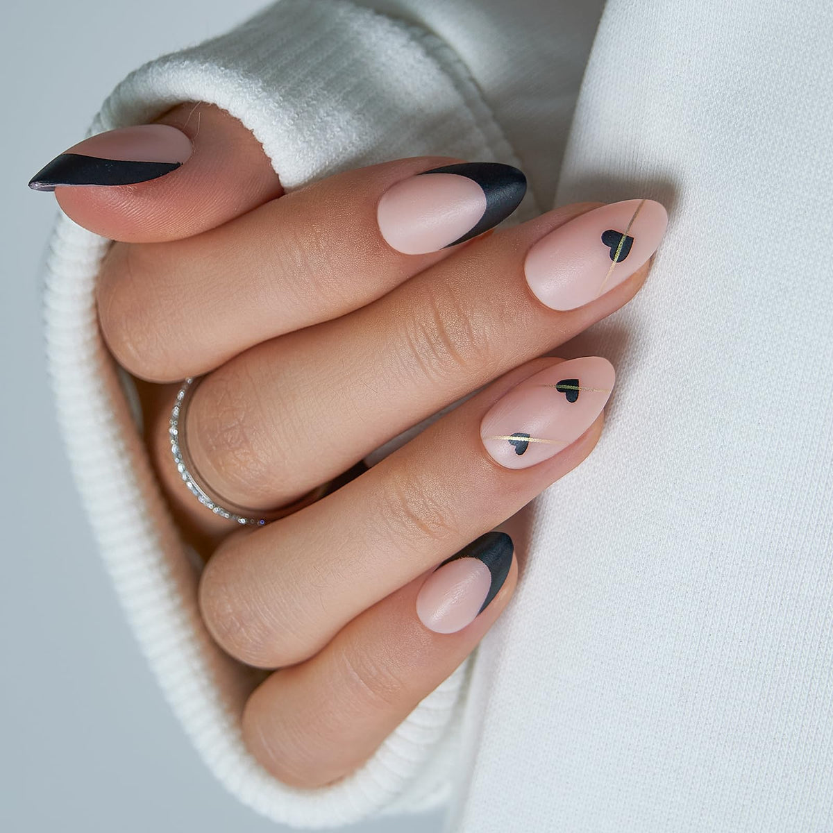 CurvLife Matte Almond Press On Nails front view with French tip design