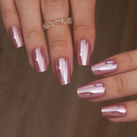 CurvLife Medium Coffin Chrome Press On Nails in Rose Mirror Gold Pink front view
