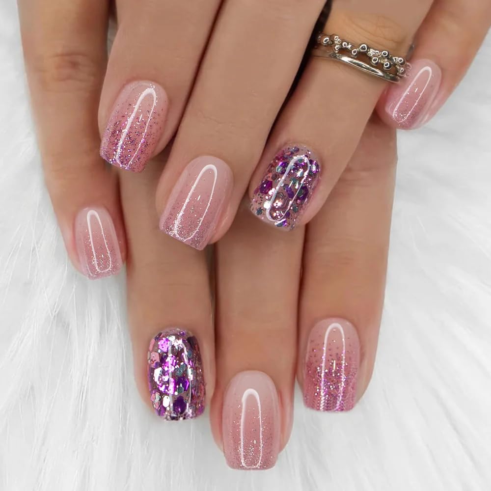 CurvLife Medium Square 3D Diamond Press On Nails Violet Crystal Pink front view