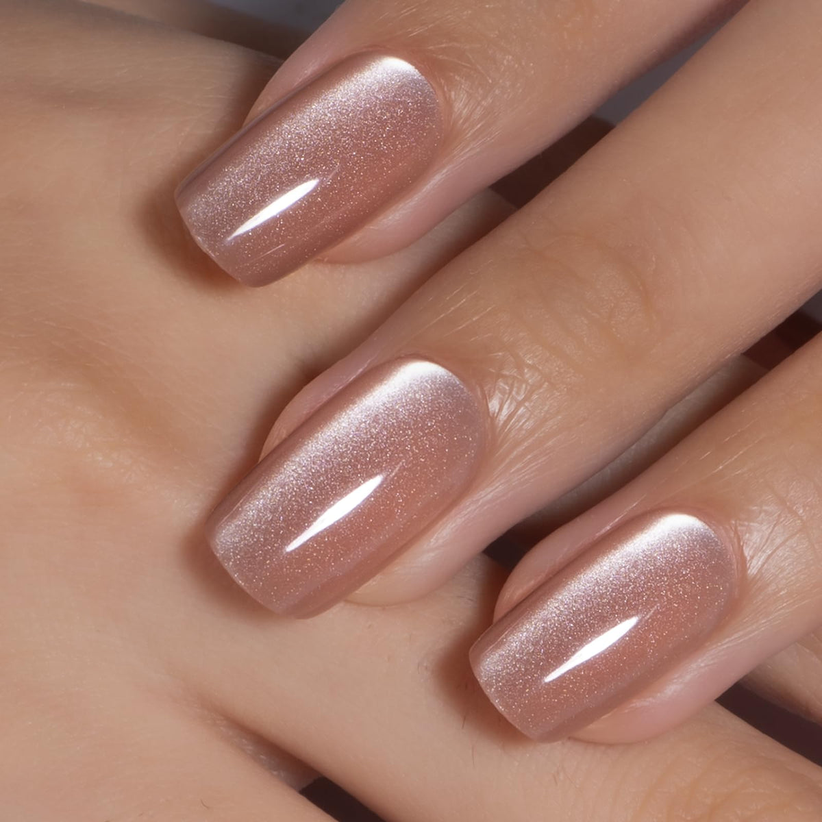 CurvLife Medium Square Cat Eye Press On Nails glossy nude front view
