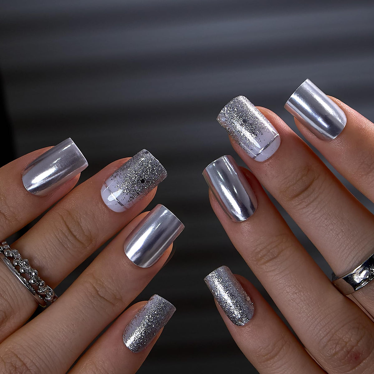 CurvLife Medium Square Chrome Press On Nails, silver mirror finish front view