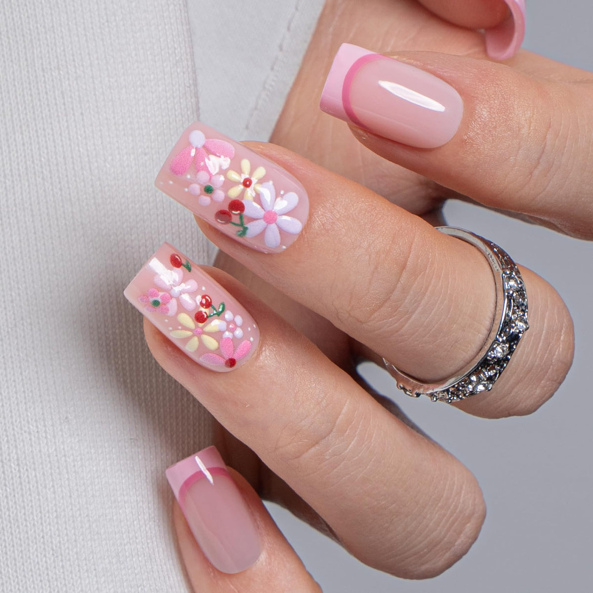 CurvLife Medium Square Floral Press On Nails in Pink Meadow front view
