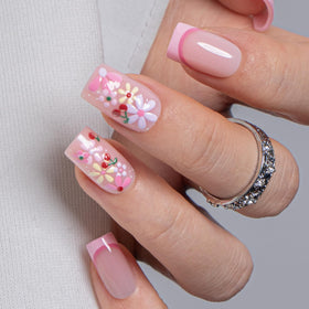 CurvLife Medium Square Floral Press On Nails in Pink Meadow front view