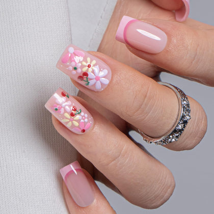 CurvLife Medium Square Floral Press On Nails in Pink Meadow front view