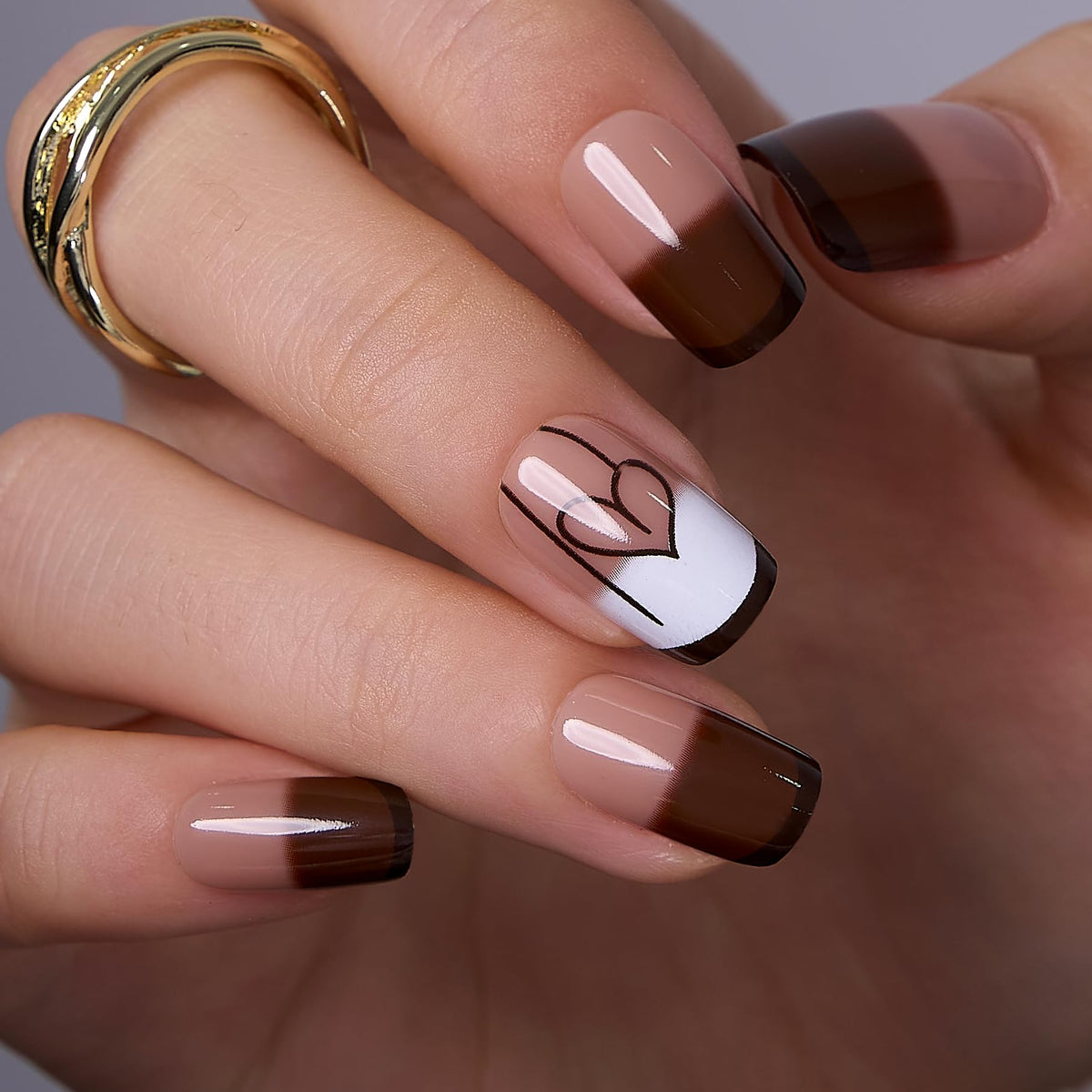 CurvLife Medium Square French Tip Press On Nails, brown set in storage box