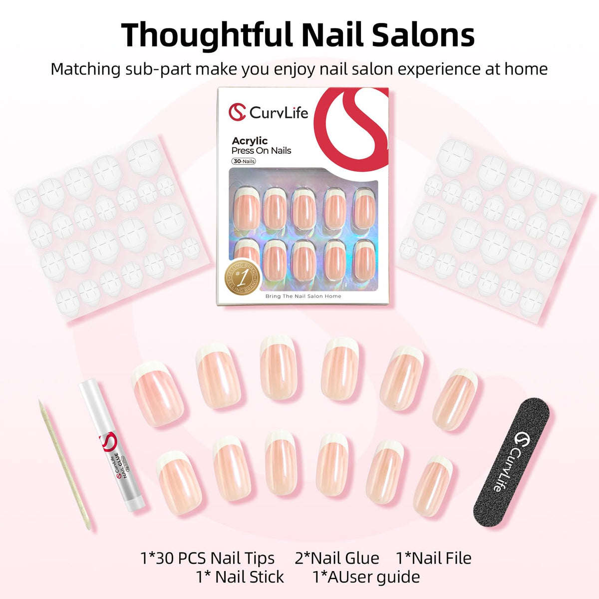 CurvLife Medium Square French Tip Press On Nails displayed with double-sided nail file