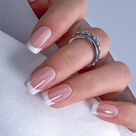 CurvLife Medium Square French Tip Press On Nails in Aurora White front view