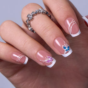 CurvLife Medium Square French Tip Press On Nails in Butterfly Edge Pink front view
