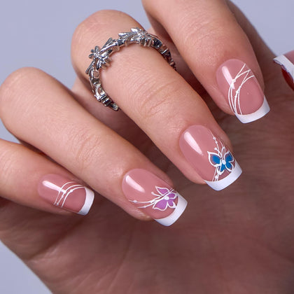 CurvLife Medium Square French Tip Press On Nails in Butterfly Edge Pink front view