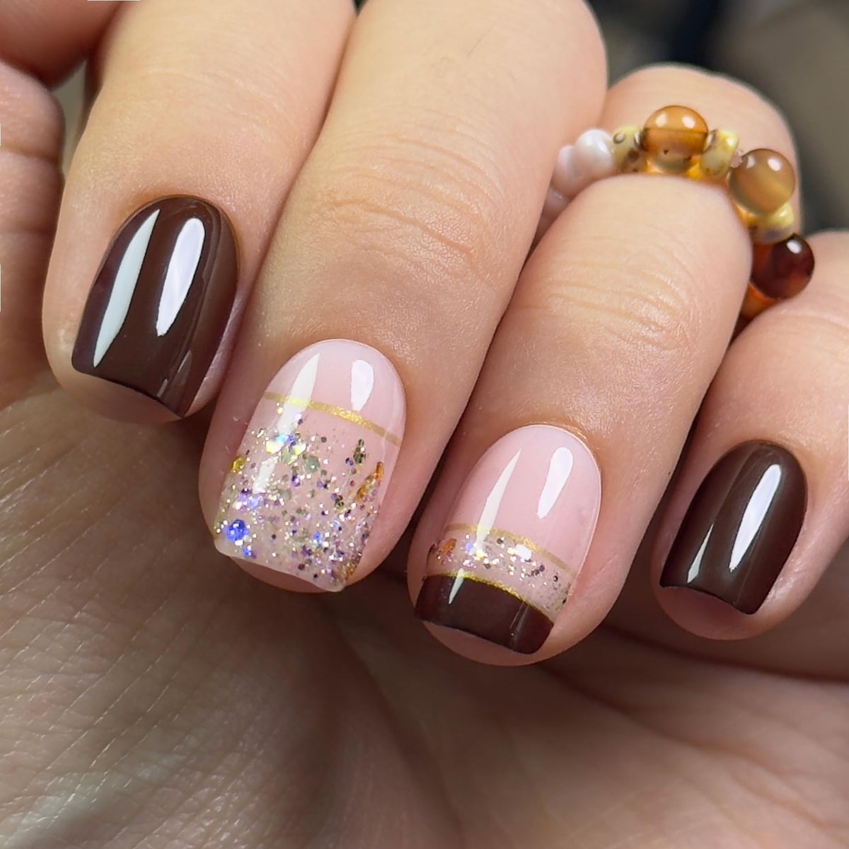 CurvLife Medium Square French Tip Press On Nails in Harvest Brown front view