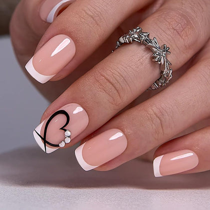 CurvLife Medium Square French Tip Press On Nails in Love Edge Pink front view