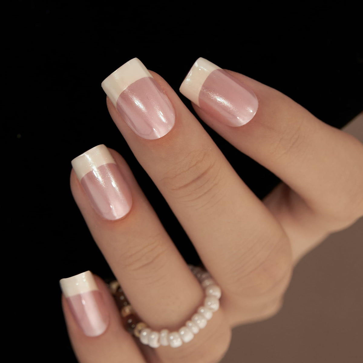 CurvLife Medium Square French Tip Press On Nails in Pearl White front view