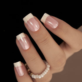 CurvLife Medium Square French Tip Press On Nails in Pearl White front view