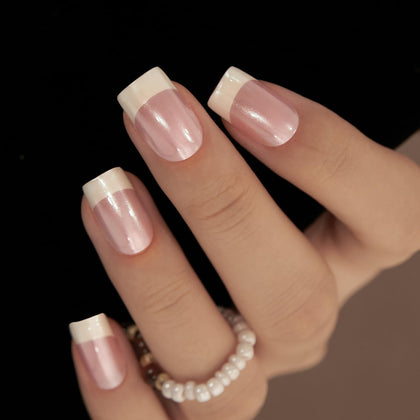 CurvLife Medium Square French Tip Press On Nails in Pearl White front view