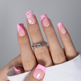 CurvLife Medium Square French Tip Press On Nails in Pink Symphony front view