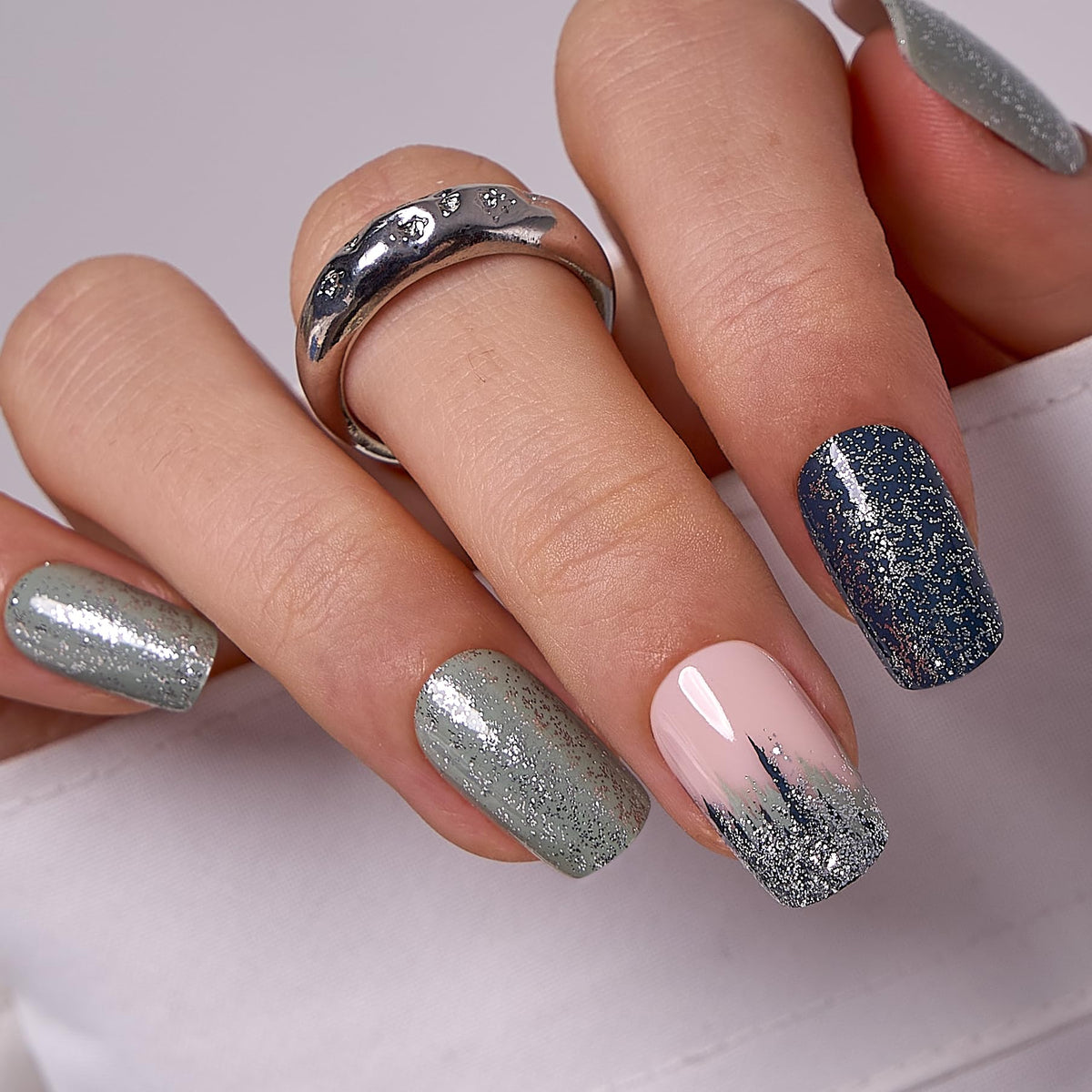 CurvLife Medium Square Press On Nails Cement Edge Blue front view