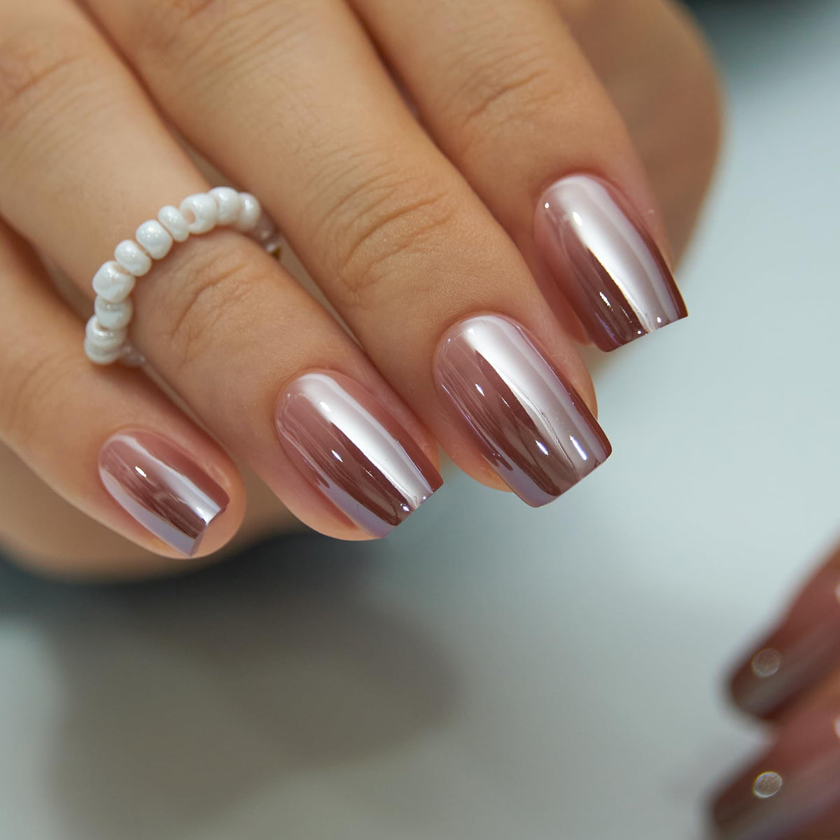 CurvLife Medium Square Press On Nails in Brown Pearl Brown front view