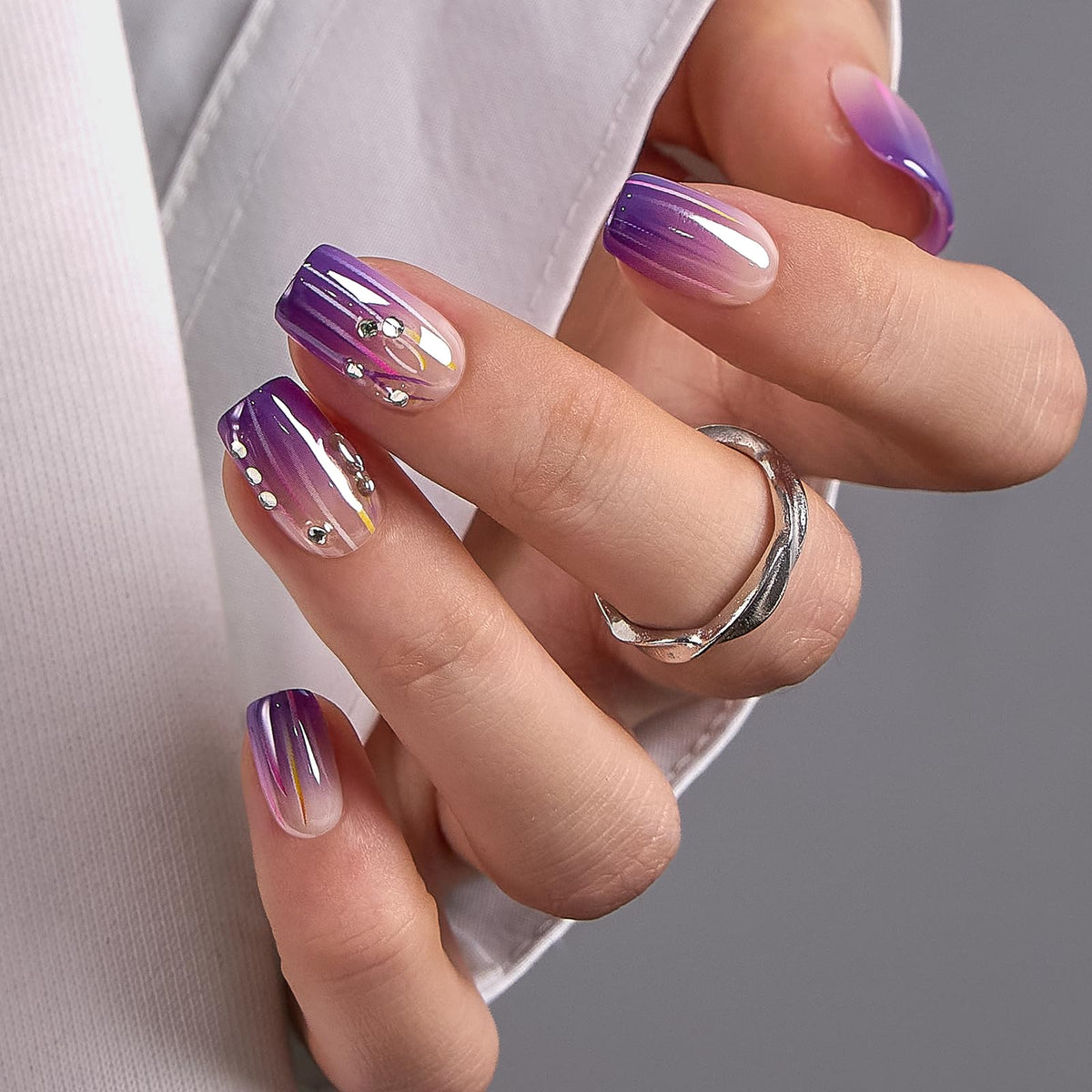 CurvLife Medium Square Press On Nails in Violet Lines Purple front view