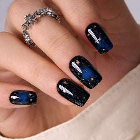 CurvLife Medium Square Press On Nails Starry Sky Black front view