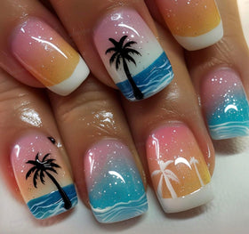 CurvLife Medium Square Tropical Press On Nails front view, Summer Sunset Pink