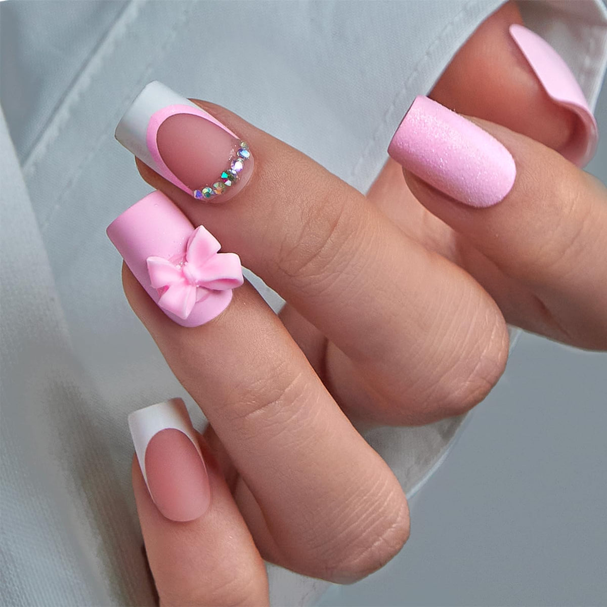 CurvLife Pink Fairy Medium Square French Tip Press On Nails front view
