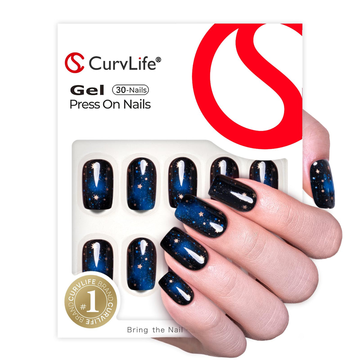 CurvLife press on nails in packaging with prep pad and adhesive tabs