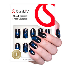 CurvLife press on nails in packaging with prep pad and adhesive tabs