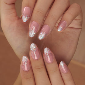 CurvLife Press On Nails Medium Almond Apricot on a hand