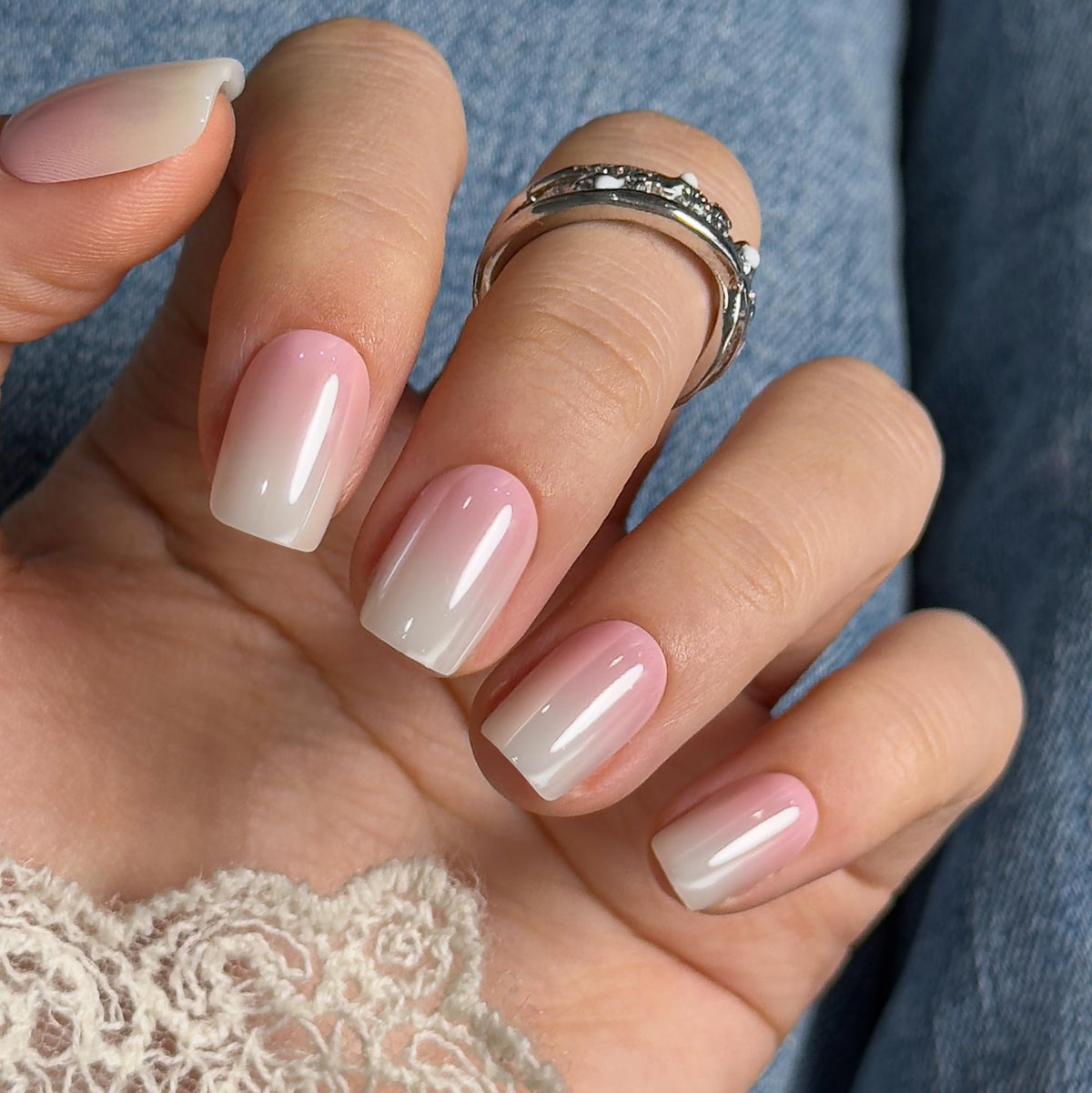 CurvLife Press On Nails Short Square Acrylic Apricot Design with nail glue and accessories
