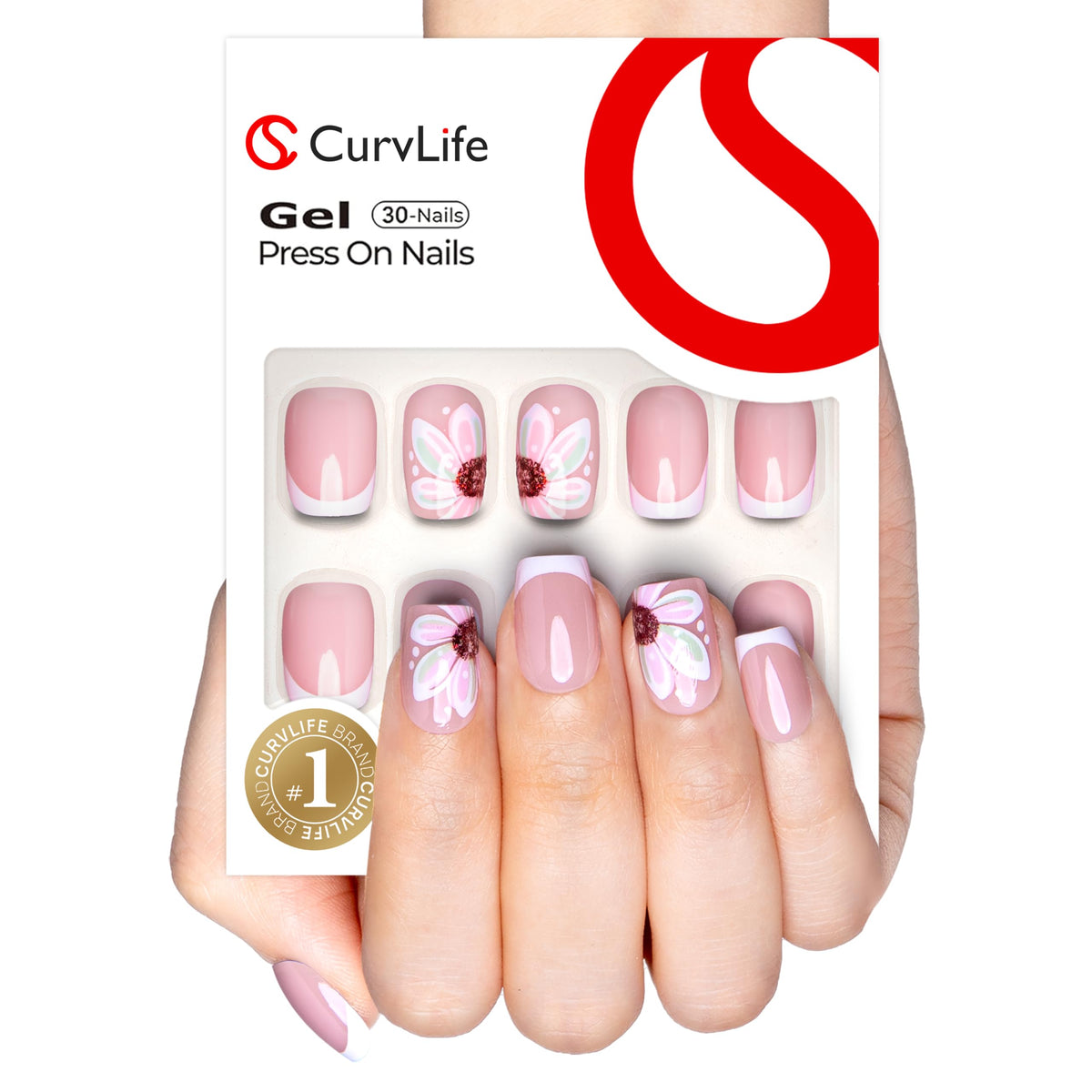 CurvLife Short French Tip Press On Nails Classic Edge Pink front view