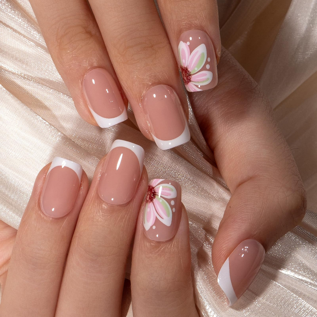 CurvLife Short French Tip Press On Nails Classic Edge Pink with nail glue and accessories
