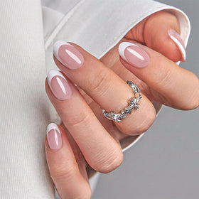 CurvLife Short Oval French Tip Press On Nails Classic Edge Pink front view