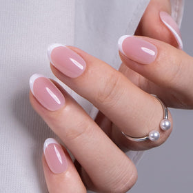 CurvLife Short Oval French Tip Press On Nails in lilac pink front view