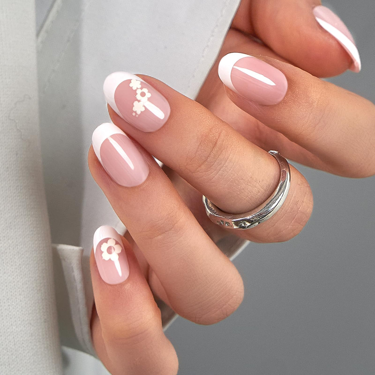 CurvLife Short Oval French Tip Press On Nails Pure Bloom White front view