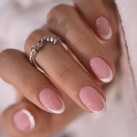 CurvLife Short Oval French Tip Press On Nails Velvet Flow front view